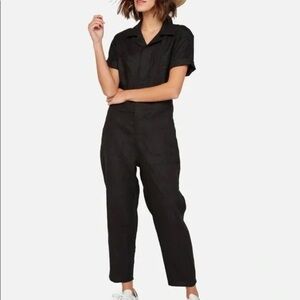 MATE The Label Linen Short-Sleeve Jumpsuit Black Organic Utility Coveralls XS